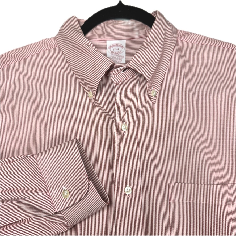 Vintage Brooks Brothers Makers Button Down Shirt Mens 17-34 Red Striped USA Made